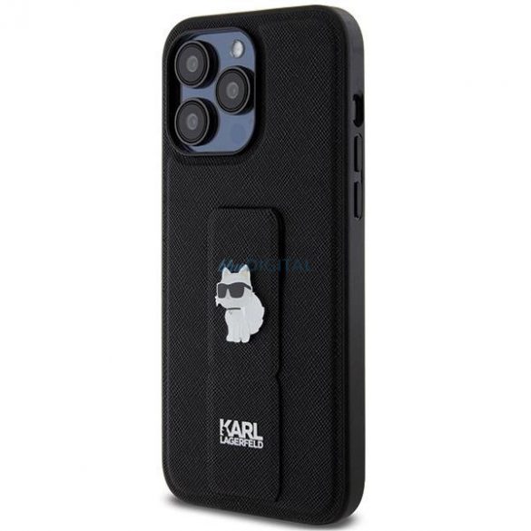 Husa Karl Lagerfeld Gripstand Saffiano Choupette Pins pentru iPhone 13 Pro / 13 - Negru