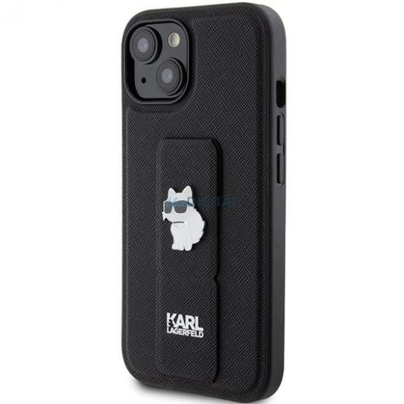 Husa Karl Lagerfeld Gripstand Saffiano Choupette Pins pentru iPhone 15 - neagra