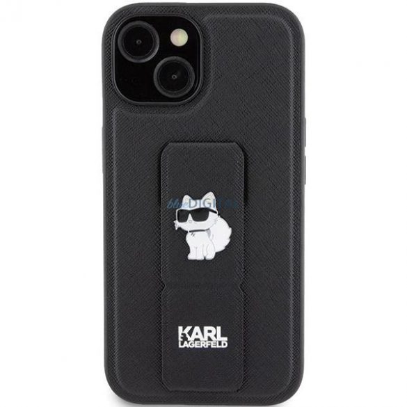 Husa Karl Lagerfeld Gripstand Saffiano Choupette Pins pentru iPhone 15 - neagra