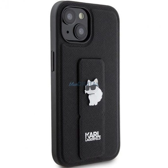 Husa Karl Lagerfeld Gripstand Saffiano Choupette Pins pentru iPhone 15 - neagra