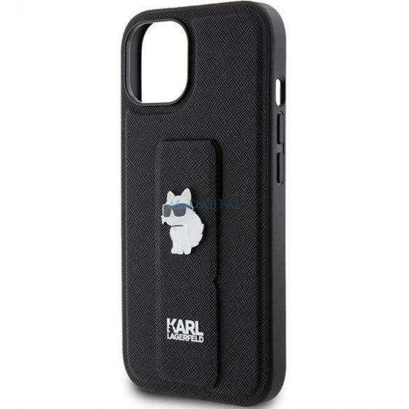 Husa Karl Lagerfeld Gripstand Saffiano Choupette Pins pentru iPhone 15 - neagra