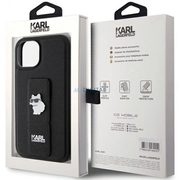 Husa Karl Lagerfeld Gripstand Saffiano Choupette Pins pentru iPhone 15 - neagra