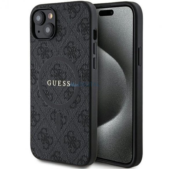 Husă MagSafe din piele Guess Collection 4G pentru iPhone 15 Plus / 14 Plus - neagră