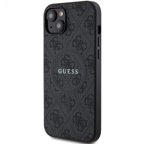 Husă MagSafe din piele Guess Collection 4G pentru iPhone 15 Plus / 14 Plus - neagră