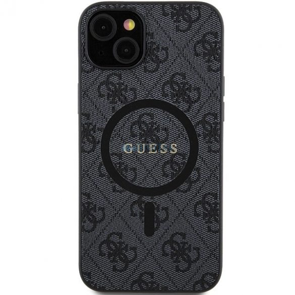 Husă MagSafe din piele Guess Collection 4G pentru iPhone 15 Plus / 14 Plus - neagră