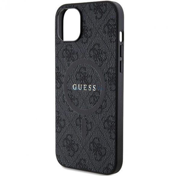 Husă MagSafe din piele Guess Collection 4G pentru iPhone 15 Plus / 14 Plus - neagră