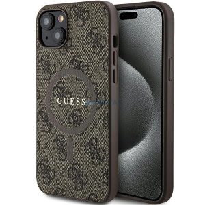 Husă MagSafe din piele Guess Collection 4G pentru iPhone 15 Plus / 14 Plus - maro