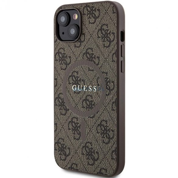 Husă MagSafe din piele Guess Collection 4G pentru iPhone 15 Plus / 14 Plus - maro