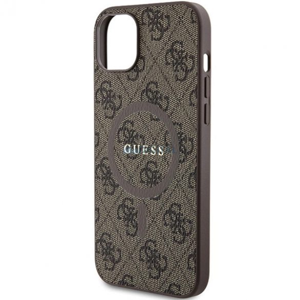 Husă MagSafe din piele Guess Collection 4G pentru iPhone 15 Plus / 14 Plus - maro