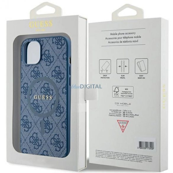 Etui Guess Collection 4G Leather Metal Logo MagSafe pe iPhone 15 / 14 / 13 - niebieskie