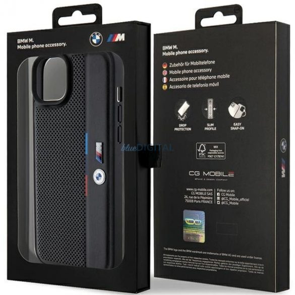 Husa BMW Perforated Tricolor Line pentru iPhone 15 / 14 / 13 - neagra