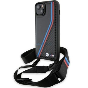 Husă BMW M Edition Carbon Tricolor Lines & Strap pentru iPhone 15 / 14 / 13 - neagră