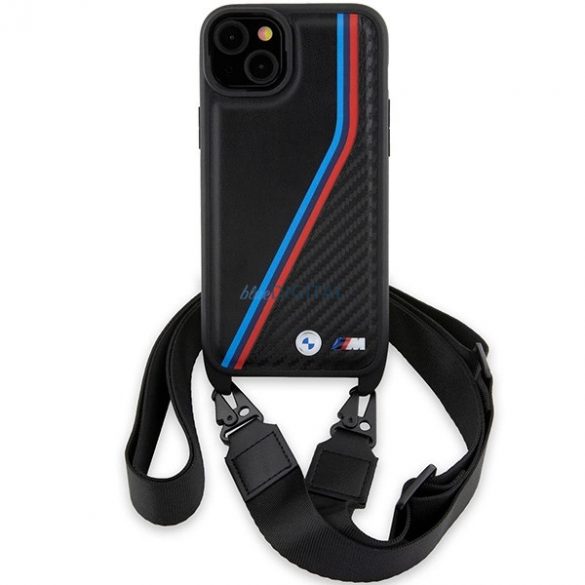 Husă BMW M Edition Carbon Tricolor Lines & Strap pentru iPhone 15 / 14 / 13 - neagră