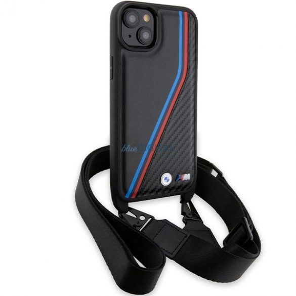 Husă BMW M Edition Carbon Tricolor Lines & Strap pentru iPhone 15 / 14 / 13 - neagră