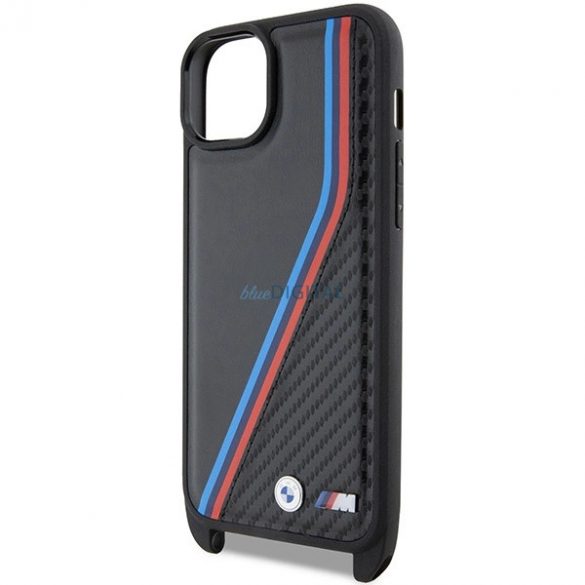 Husă BMW M Edition Carbon Tricolor Lines & Strap pentru iPhone 15 / 14 / 13 - neagră