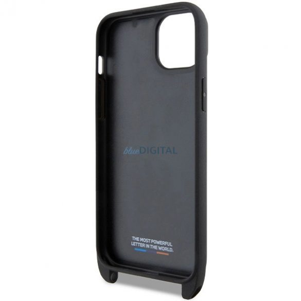 Husă BMW M Edition Carbon Tricolor Lines & Strap pentru iPhone 15 / 14 / 13 - neagră