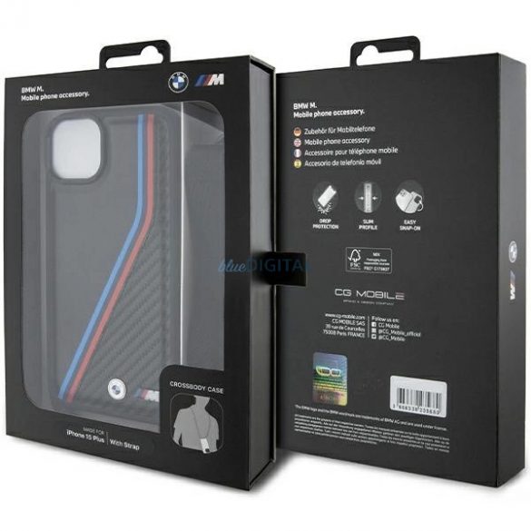 Husă BMW M Edition Carbon Tricolor Lines & Strap pentru iPhone 15 / 14 / 13 - neagră