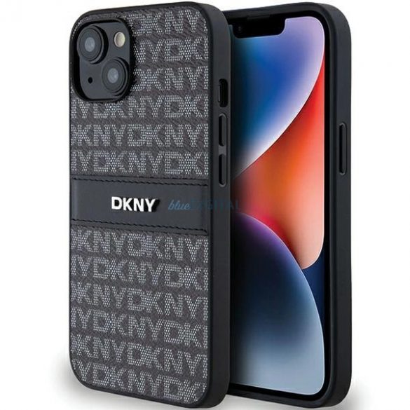 Husă DKNY din piele mono dungi și logo metalic pentru iPhone 15/14/13 - neagră