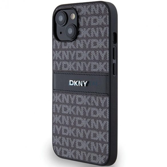 Husă DKNY din piele mono dungi și logo metalic pentru iPhone 15/14/13 - neagră