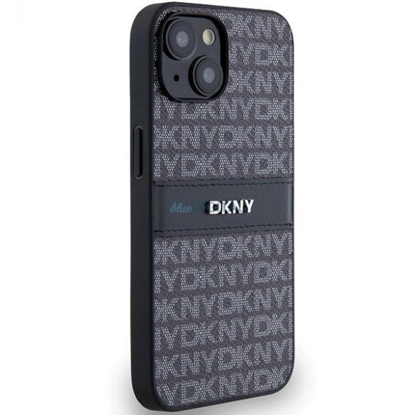 Husă DKNY din piele mono dungi și logo metalic pentru iPhone 15/14/13 - neagră