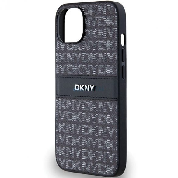 Husă DKNY din piele mono dungi și logo metalic pentru iPhone 15/14/13 - neagră