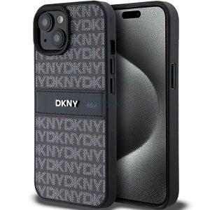 Husă DKNY din piele mono dungi și logo metalic pentru iPhone 15/14/13 - neagră