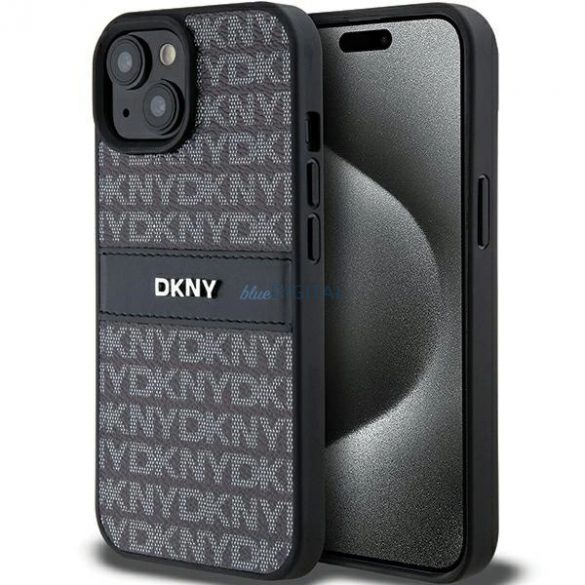 Husă DKNY din piele mono dungi și logo metalic pentru iPhone 15/14/13 - neagră