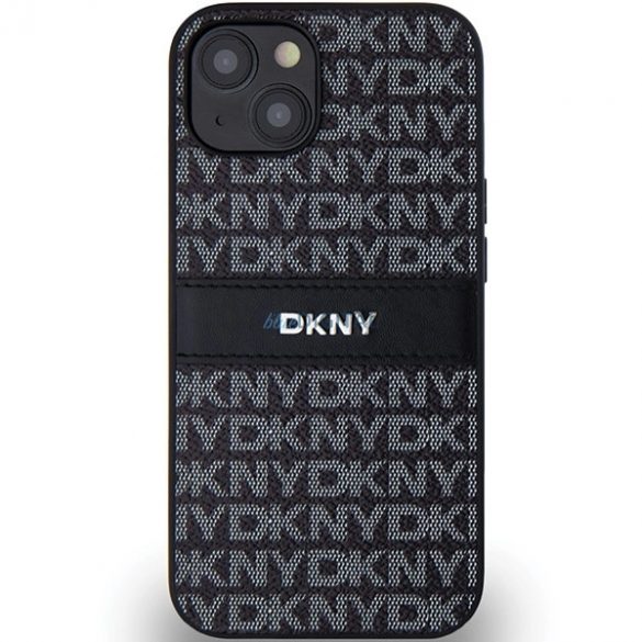 Husă DKNY din piele mono dungi și logo metalic pentru iPhone 15/14/13 - neagră