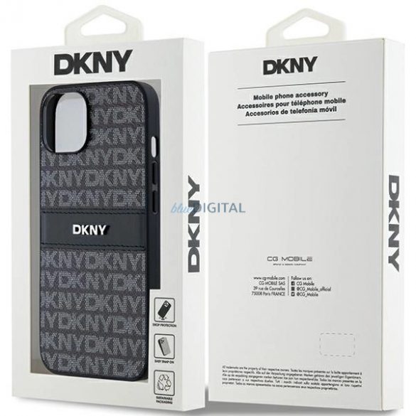 Husă DKNY din piele mono dungi și logo metalic pentru iPhone 15/14/13 - neagră