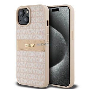 Husă din piele DKNY Mono Stripe & Metal Logo pentru iPhone 15 / 14 / 13 - roz