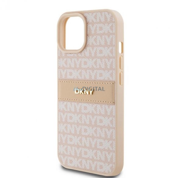 Husă din piele DKNY Mono Stripe & Metal Logo pentru iPhone 15 / 14 / 13 - roz