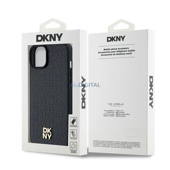 Husă DKNY din piele cu model metal și logo MagSafe pentru iPhone 15/14/13 - neagră