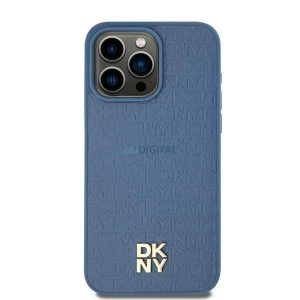 Husă DKNY din piele cu model metal și logo MagSafe pentru iPhone 15/14/13 - albastru