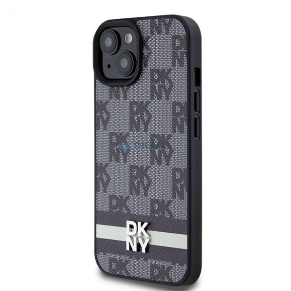 Husă din piele DKNY cu model mono și dungi imprimate pentru iPhone 15/14/13 - neagră