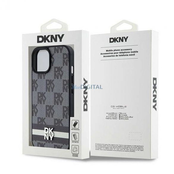 Husă din piele DKNY cu model mono și dungi imprimate pentru iPhone 15/14/13 - neagră