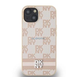 Husă din piele DKNY cu model mono și dungi imprimate pentru iPhone 15 / 14 / 13 - roz