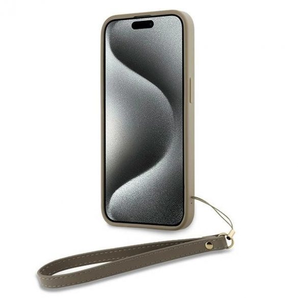 Husă DKNY Wrist Strap Stock Logo pentru iPhone 15 Plus - bej