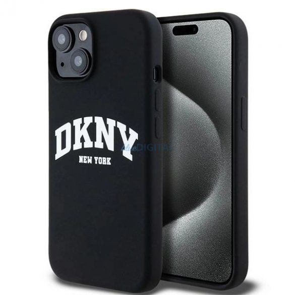 Etui DKNY silicon lichid alb imprimat logo MagSafe pe iPhone 15 Plus / 14 Plus - zarne