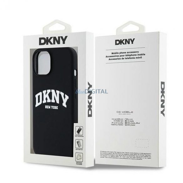 Etui DKNY silicon lichid alb imprimat logo MagSafe pe iPhone 15 Plus / 14 Plus - zarne