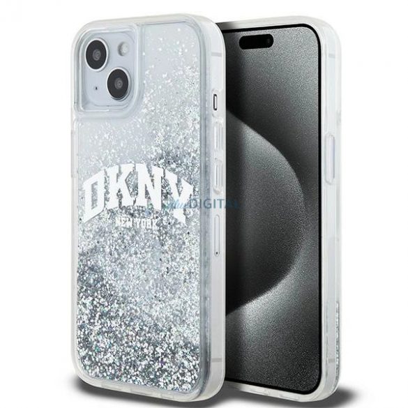 Etui DKNY Liquid Glitter Big Logo pe iPhone 15 / 14 / 13 - bial