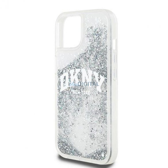 Etui DKNY Liquid Glitter Big Logo pe iPhone 15 / 14 / 13 - bial