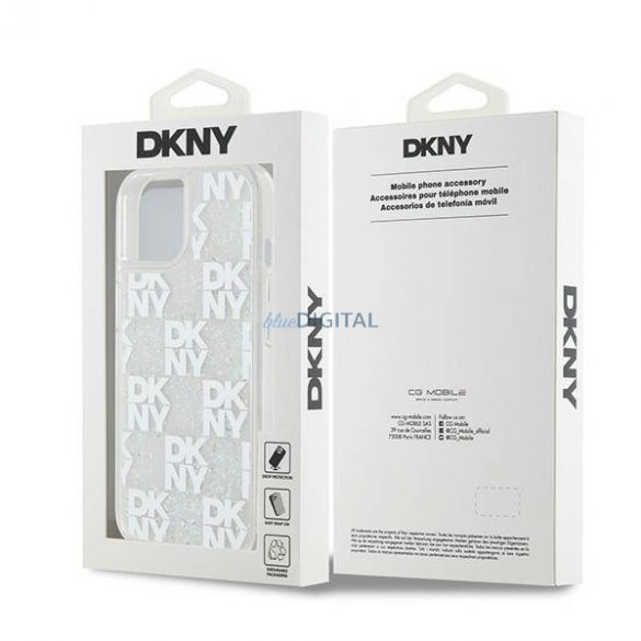 Etui DKNY Liquid Glitter Multilogo pe iPhone 15 / 14 / 13 - albastru