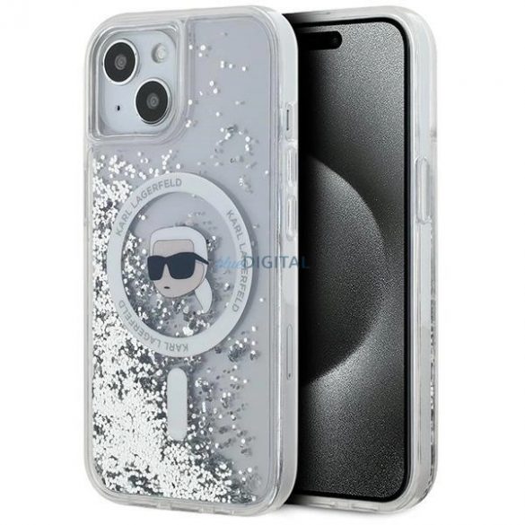 Husa Karl Lagerfeld Liquid Glitter Karl Head MagSafe pentru iPhone 15 / 14 / 13 - transparenta