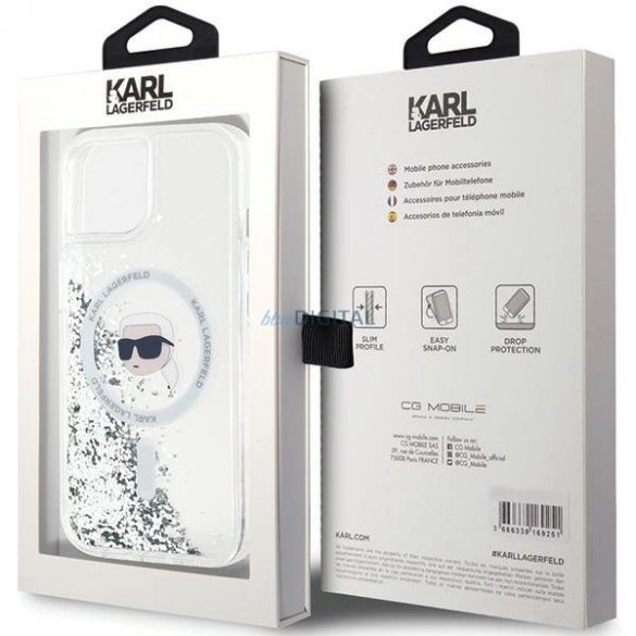 Husa Karl Lagerfeld Liquid Glitter Karl Head MagSafe pentru iPhone 15 / 14 / 13 - transparenta