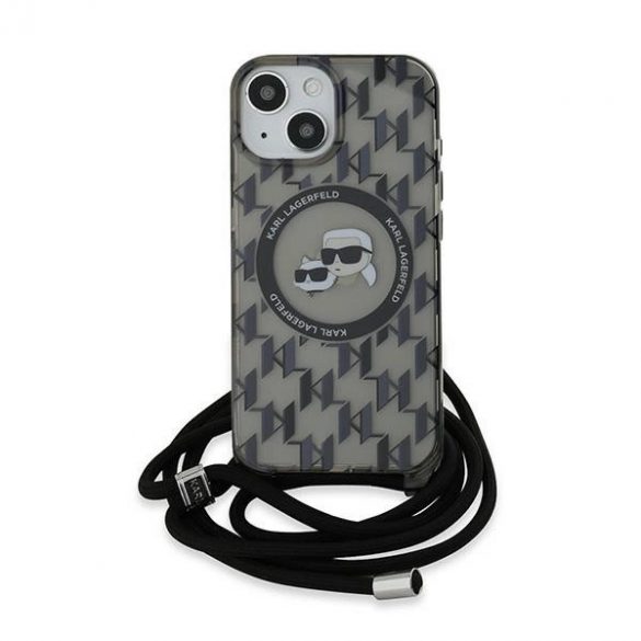 Husă Karl Lagerfeld IML Crossbody Monogram Karl & Choupette Head MagSafe pentru iPhone 15 / 14 / 13 - Negru