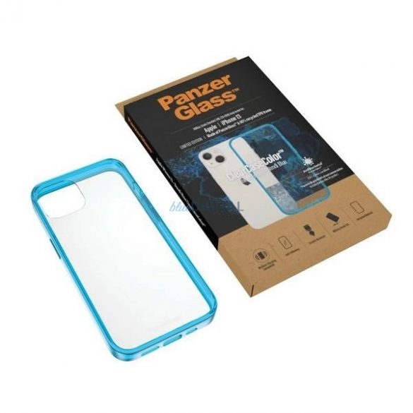 Husă antibacteriană PanzerGlass ClearCase cu certificat de grad militar pentru iPhone 13 / 14 / 15 - albastru transparent