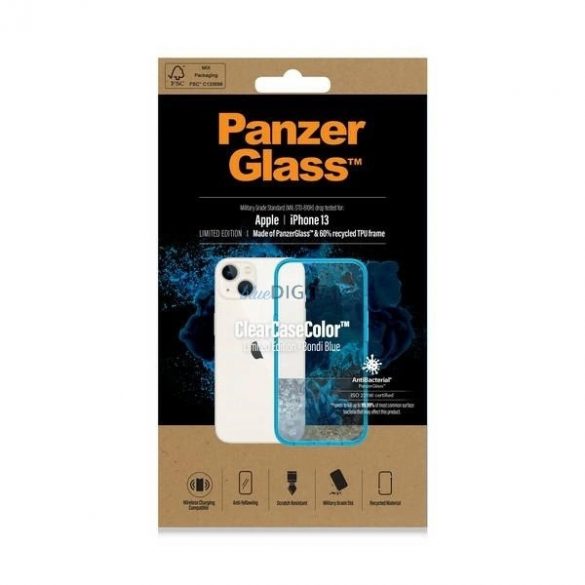 Husă antibacteriană PanzerGlass ClearCase cu certificat de grad militar pentru iPhone 13 / 14 / 15 - albastru transparent