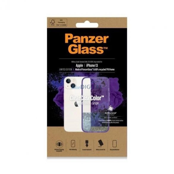 Husă antibacteriană PanzerGlass ClearCase cu certificat de grad militar pentru iPhone 13 / 14 / 15 - violet transparent