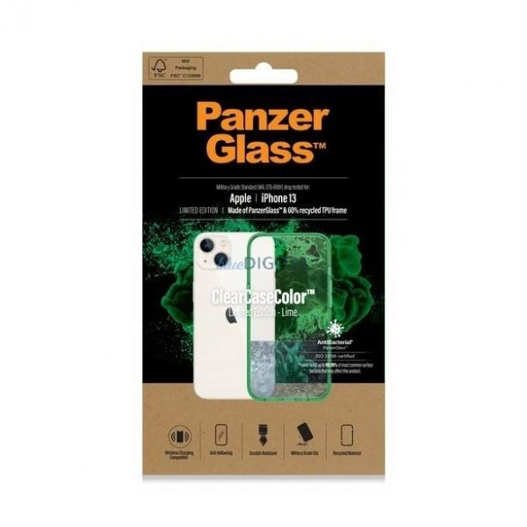 Husă antibacteriană PanzerGlass ClearCase cu certificat de grad militar pentru iPhone 13 / 14 / 15 - verde transparent