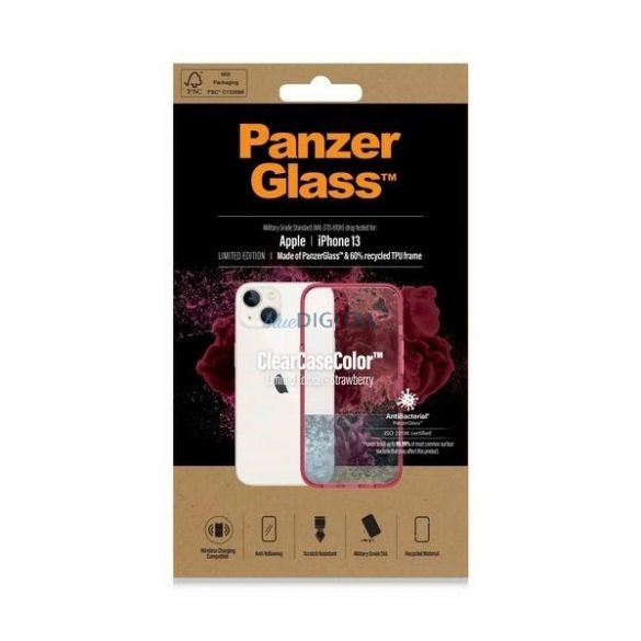 Husă antibacteriană PanzerGlass ClearCase cu certificat de grad militar pentru iPhone 13 / 14 / 15 - roz transparent